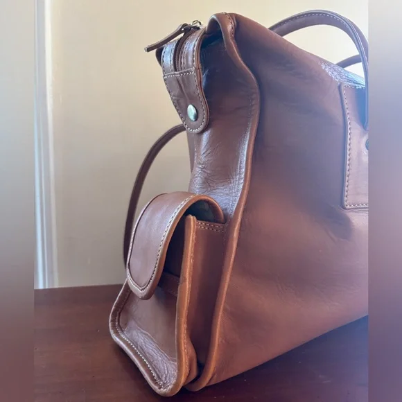 J. Crew Large Brown Leather Tote Bag Exterior Pockets Tan - Picture 4 of 14